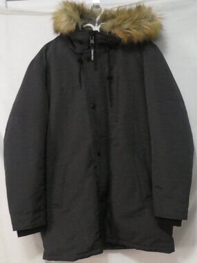 CALVIN KLEIN Men's Long Winter Parka Jacket Faux Fur Hood Dark Grey - Size Large